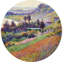 Gemälde einer Landschaft im Stil des Pointillismus mit Bäumen und Hügeln