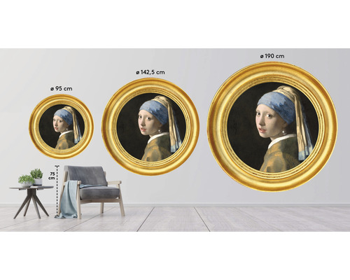 Dekoratives Wandbild mit goldenem Rahmen und dem Gemälde Mädchen mit dem Perlenohrgehänge in drei Größen