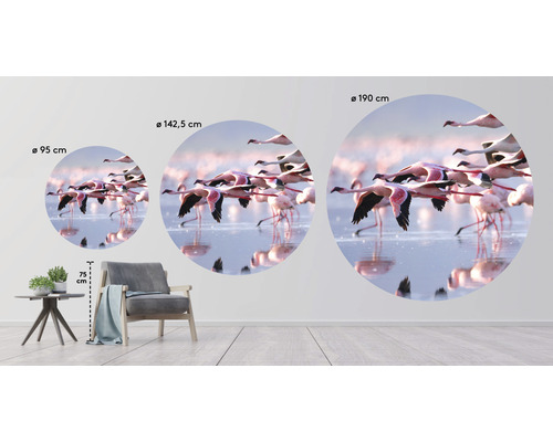 Wanddekoration mit Flamingos in drei Größen: 95 cm, 142,5 cm und 190 cm Durchmesser