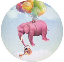 Illustration eines rosafarbenen Elefanten, der mit Ballons fliegt und eine Gießkanne hält