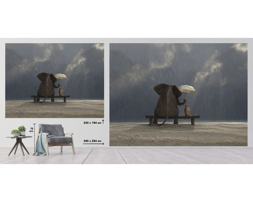 Wandbild mit Elefant und Erdmännchen, die im Regen auf einer Bank sitzen
