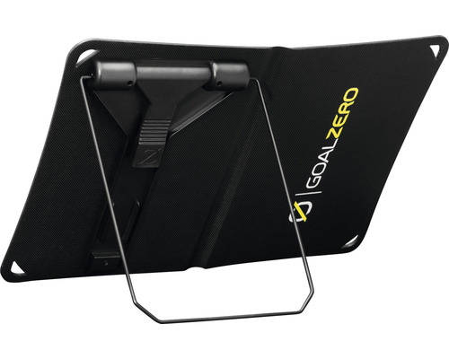 Goal Zero Logo auf einer tragbaren Solaranlage mit Ständer