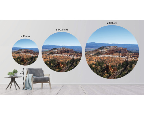 Drei runde Wandbilder mit Landschaftsmotiv in verschiedenen Größen über einem Sessel und einem Tisch