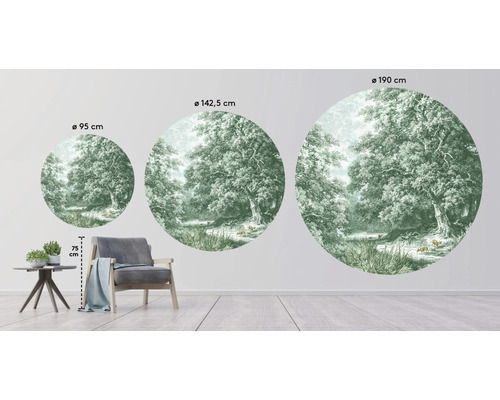 Drei runde Fototapeten mit Waldmotiv in verschiedenen Größen.