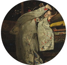 Gemälde einer Frau im Kimono auf Kissen liegend