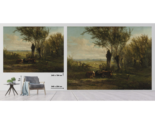 Wandbild mit Landschaftsszene, inklusive Kühe, Bäume und Zaun, erhältlich in zwei Grössen