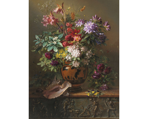 Fototapete Vlies HRBP200028 Jan van Os Stillleben Blumen 4-tlg. 194 x 280 cm Stillleben Gemälde mit Blumenarrangement in Vase und Muschel auf Sockel
