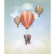 Illustration mit einem Elefanten, der unter einem Heißluftballon durch eine Wolkenlandschaft fliegt, umgeben von Schmetterlingen