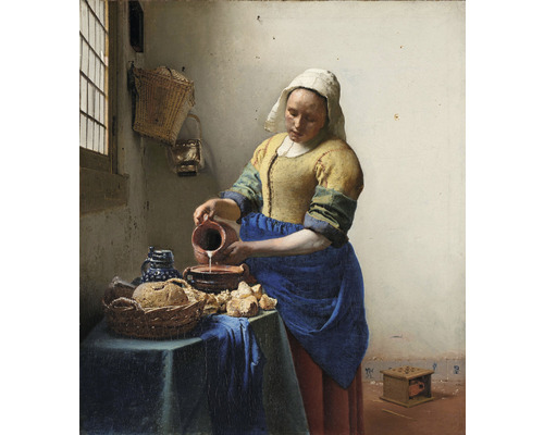 Fototapete Vlies HRBP300026 Jan Vermeer Dienstmagd mit Milchkrug 5-tlg. 243 x 280 cm Gemälde einer Frau, die Milch in eine Schale gießt, umgeben von Brot auf einem Tisch