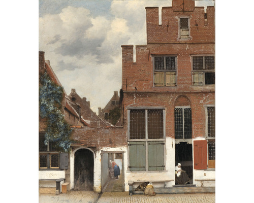 Fototapete Vlies HRBP300027 Jan Vermeers Straße in Delft 5-tlg. 243 x 280 cm Gemälde einer Gasse mit roten Backsteingebäuden und Personen