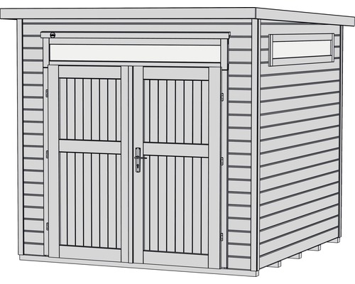 Illustration eines Gartenhauses mit Doppeltür und Fenster