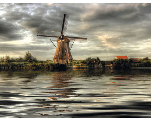 Fototapete Vlies HRBP000071 Niederländische Tracht 3 5-tlg. 243 x 184 cm Windmühle am Wasser unter bewölktem Himmel