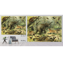 Fototapete mit einem Dschungelmotiv, das einen Elefanten, einen Tiger, einen Alligator, Affen und Vögel zeigt.