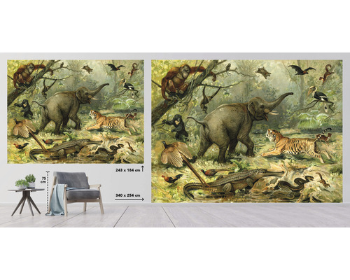 Illustration einer Dschungelszene mit Elefant, Tiger und Krokodil als Wandbild