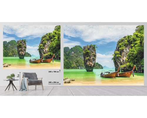 Wandbild mit Landschaftsmotiv, Felseninsel und thailändischen Booten