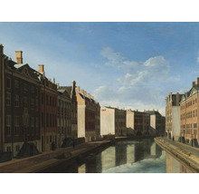 Gemälde einer Stadtansicht mit einem Kanal und Wohnhäusern.