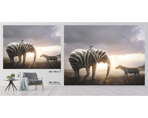Wandbild mit Zebra-Elefant und Zebra im Gras, Größen 243 x 184 Zentimeter und 340 x 254 Zentimeter
