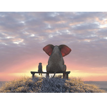 Illustration eines Elefanten und eines Vogels, die auf einer Bank sitzen und auf den Sonnenuntergang blicken