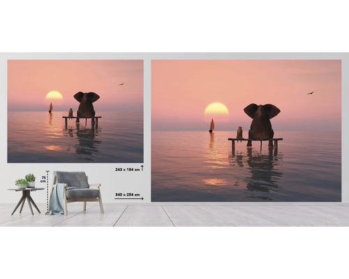 Fototapete mit Elefant- und Erdmännchen-Motiv auf einer Seebrücke bei Sonnenuntergang, Größenangaben