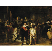 Das Gemälde „Die Nachtwache“ von Rembrandt zeigt eine Gruppe von bewaffneten Bürgern in historischer Kleidung.