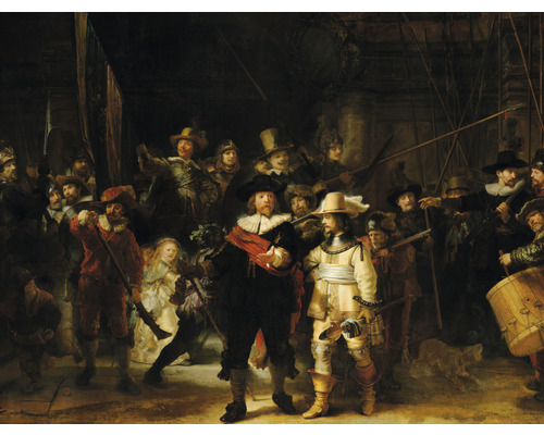 Fototapete Vlies HRBP100025 Rembrandt van Rijn Die Nachtwache 7-tlg. 340 x 254 cm Das Gemälde „Die Nachtwache“ von Rembrandt zeigt eine Gruppe von bewaffneten Bürgern in historischer Kleidung.