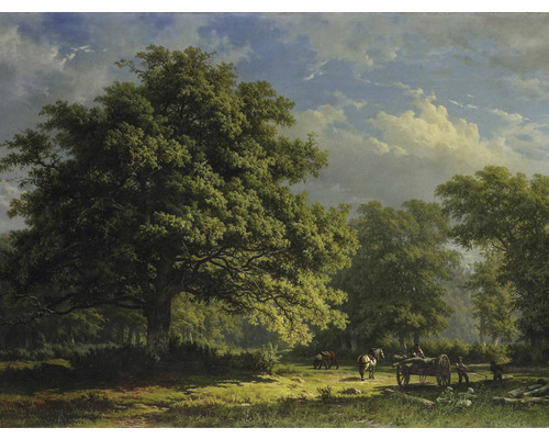 Fototapete Vlies HRBP100044 George Andries Roth Bentheimer Wald 7-tlg. 340 x 254 cm Gemälde einer Waldlandschaft mit Bäumen und einem Karren