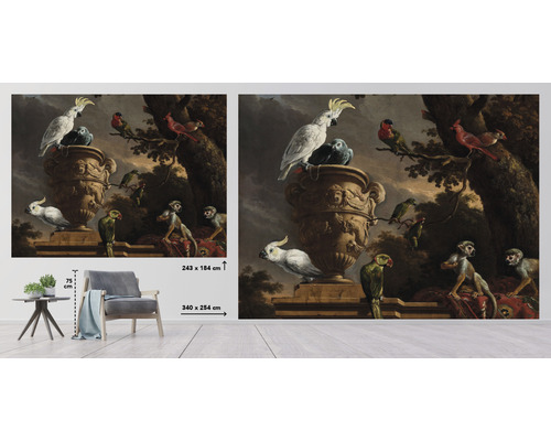 Wandbild mit Affen und Vögeln im Vintage Stil, 340 mal 254 Zentimeter