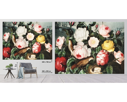 Fototapete mit Rosenmotiv, Vogel und Vogelnest mit Eiern, Größenangabe