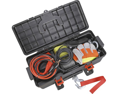 Werkzeugkiste mit Starthilfekabel, Seilwinde, Schäkel und Arbeitshandschuhen