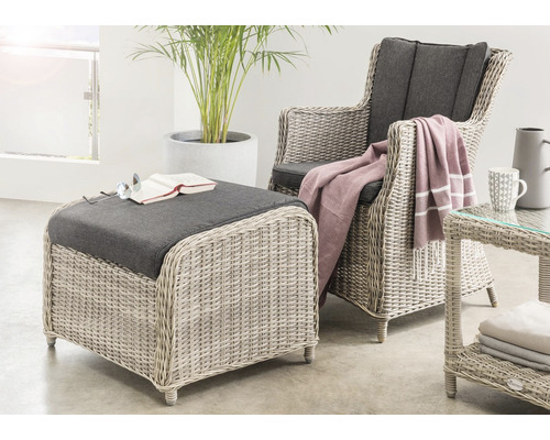 Balkonset Destiny Luna Casa Merano mit Beistelltisch 46x46x50cm, vintage weiß Gartenmöbel Set mit Sessel, Hocker und Tisch aus Rattan