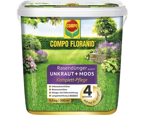 Rasendünger FLORANID® COMPO Rasendünger gegen Unkraut und Moos, Komplett Pflege, 9kg 300m², Langzeitwirkung 3 Monate