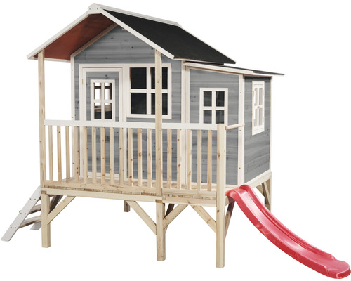 Spielhaus aus Holz mit Rutsche
