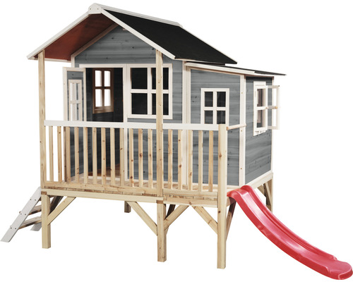 Spielhaus aus Holz mit Rutsche und Leiter
