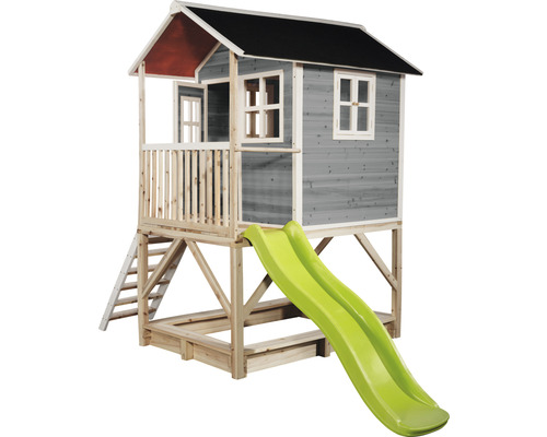 Spielhaus mit Rutsche und Sandkasten aus Holz