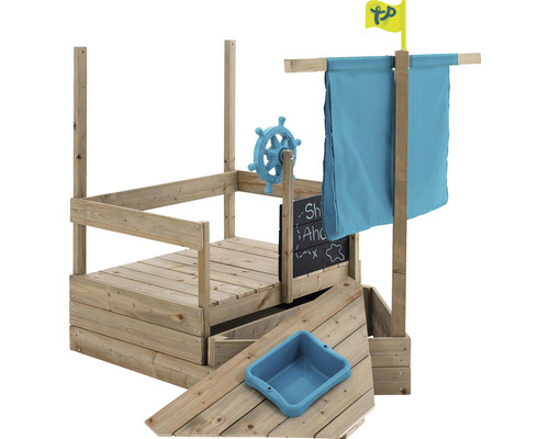 Spielschiff aus Holz mit Steuerrad, Plane und Tafel