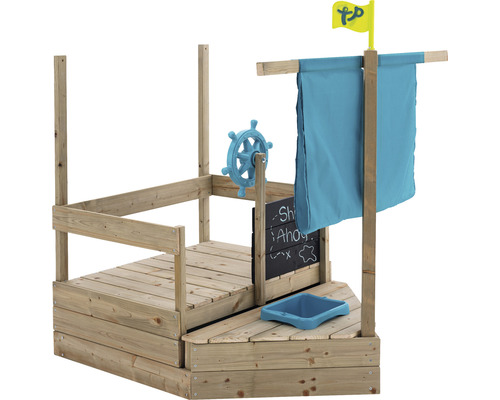 Spielschiff aus Holz mit Steuerrad, Tafel und Flagge