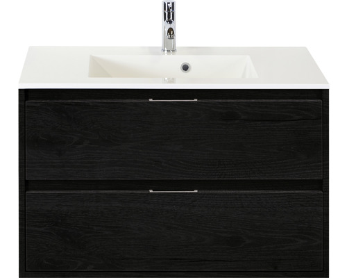 Badmöbelset 2-teilig Einzelbadmöbel Sanox Porto BxHxT 90 x 75 x 52 cm Frontfarbe black oak mit Waschtisch Mineralguss weiß 84719049