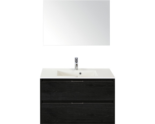 Badmöbel-Set Sanox Porto BxHxT 90 x 75 x 52 cm Frontfarbe black oak mit Waschtisch Mineralguss weiß und Mineralguss-Waschtisch Waschtischunterschrank Spiegel