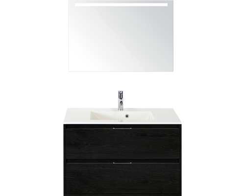 Badmöbel-Set Sanox Porto BxHxT 90,5 x 170 x 50,5 cm Frontfarbe black oak mit Waschtisch Mineralguss weiß und Mineralguss-Waschtisch Waschtischunterschrank Spiegel mit LED-Beleuchtung