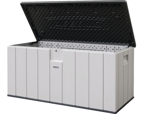 Auflagenbox LIFETIME 568l 153 x 72 x 69 cm Kunststoff Metall lichtgrau Geöffnete Aufbewahrungsbox für den Außenbereich