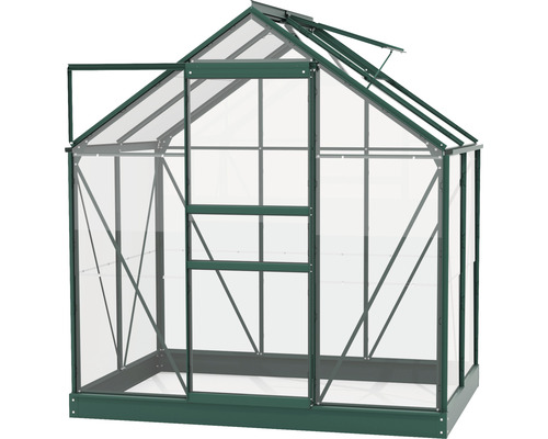 Gewächshaus mit geöffneter Tür und Dachfenster