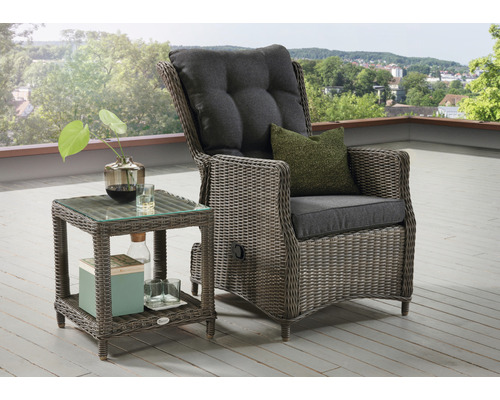 Balkonset Destiny Casa Relax Sessel + Beistelltisch 46x46x50cm, vintage grau Gartensessel mit Fußhocker und Beistelltisch auf einer Terrasse