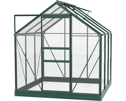 Gewächshaus mit geöffneter Tür und Dachfenster