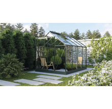 Gewächshaus im Garten mit Glaswänden und Pflanzen