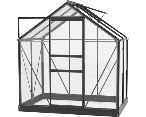 Gewächshaus mit geöffneter Tür und Dachfenster