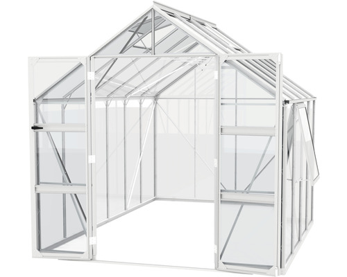 Gewächshaus mit geöffneten Türen und Fenster für den Garten