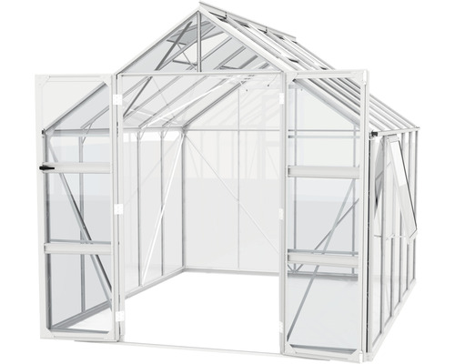 Gewächshaus mit geöffneter Tür und Fenster