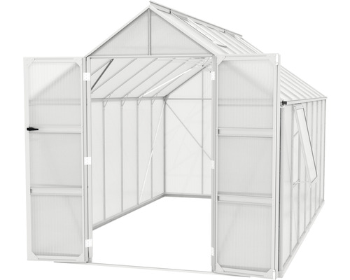 Gewächshaus mit geöffneten Türen und Fenstern.