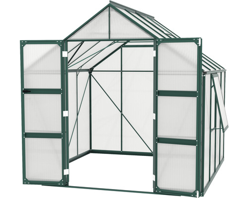 Gewächshaus mit geöffneten Türen und Fenster