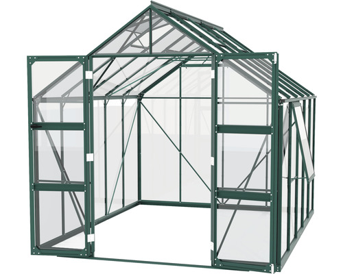 Gewächshaus mit geöffneten Türen und Fenstern.